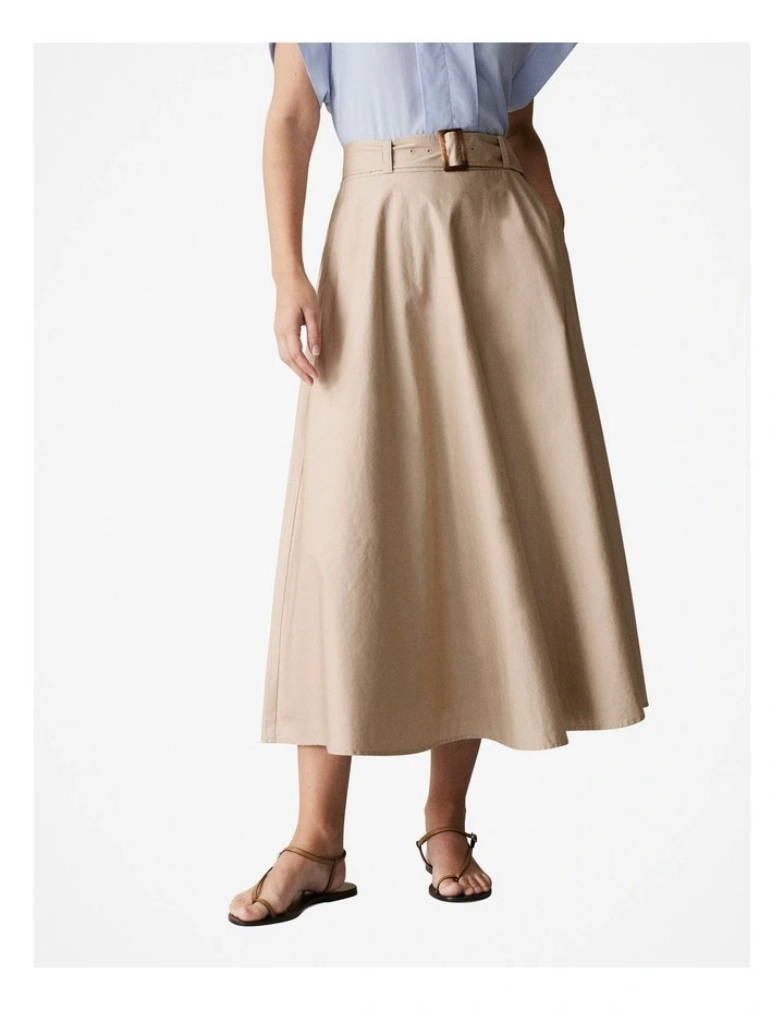 Cotton Sateen Belted Skirt in Biscuit