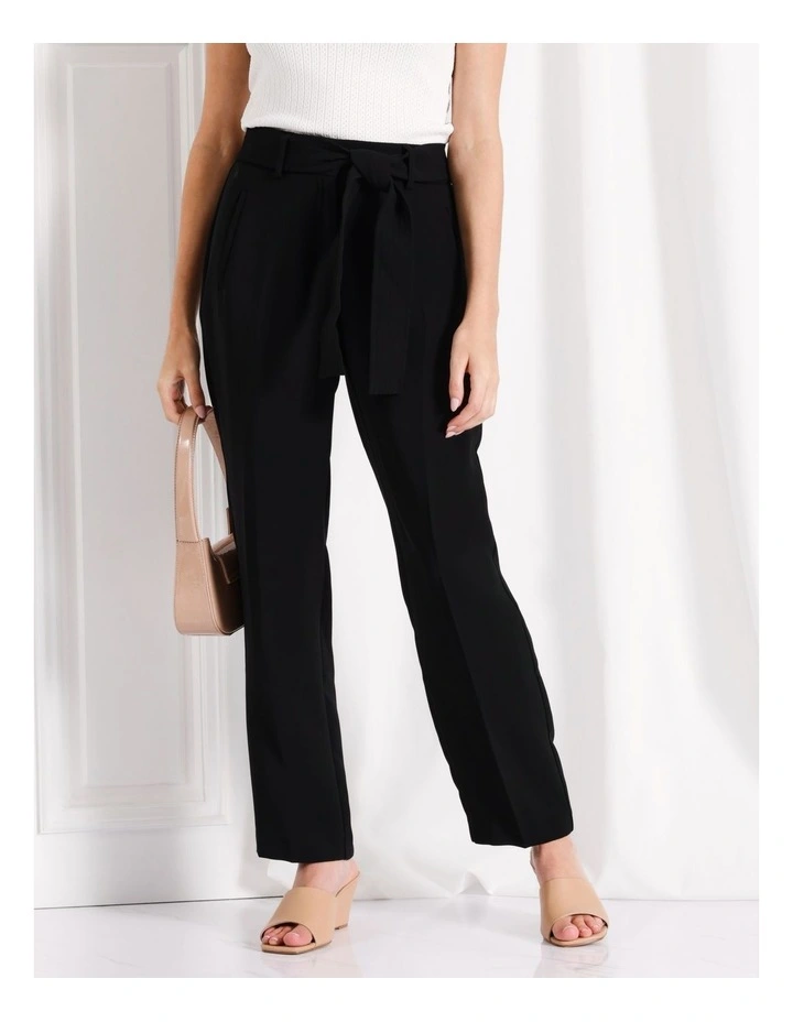 Recycled Blend Tie Waist Straight Leg Pants in Black