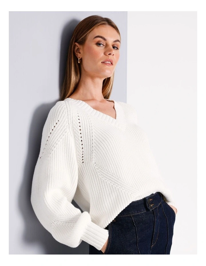 Organic Cotton V Neck Pointelle Knit in Ivory