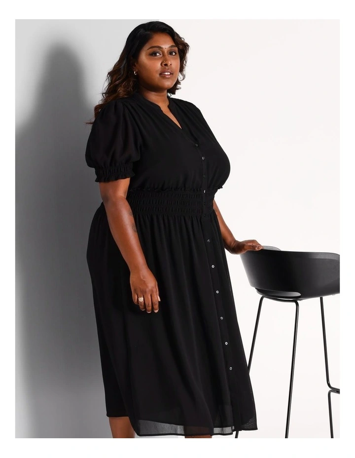 Recycled Poly Shirred Waist Midi Dress in Black