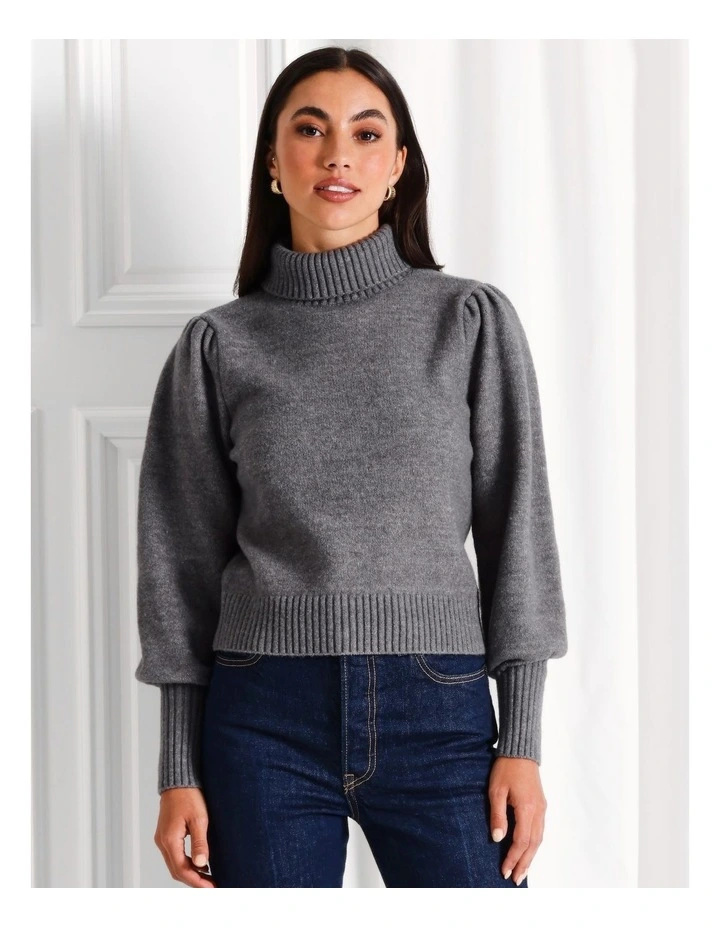 Recycled Blend Lofty Roll Neck Blouson Sleeve Jumper in Charcoal