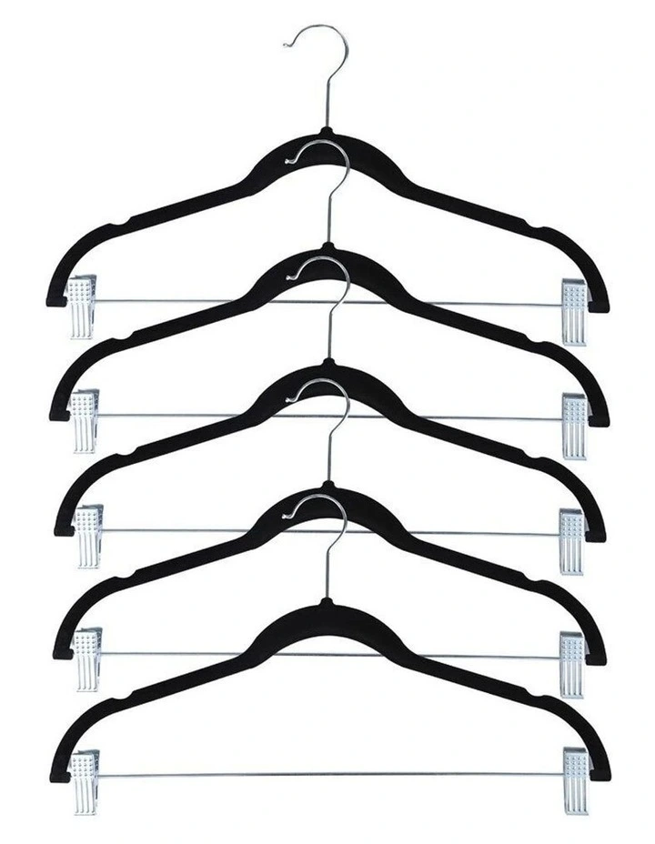 5pc Velvet Clothes/Pants/Trousers Hanging Hanger w/ Chrome Bar/Clips
