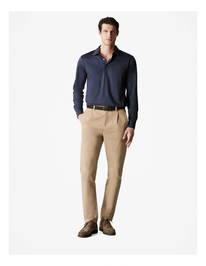 Cotton Modal Blend Long Sleeve Polo Shirt in Navy