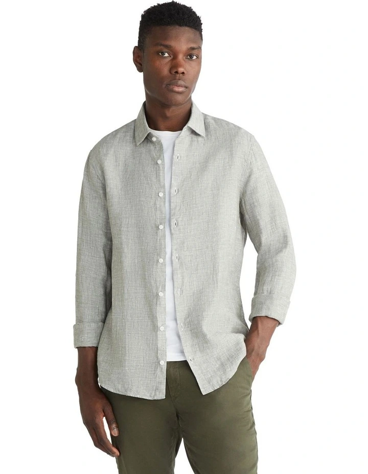 Linen Solid Long Sleeve Shirt in Green