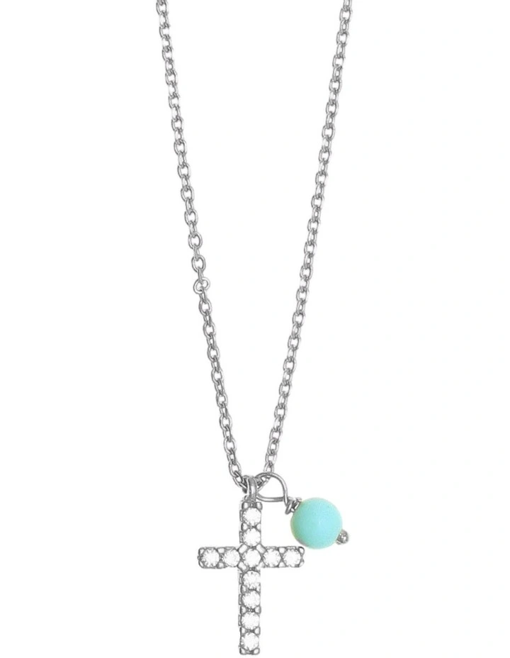 Tiny Shiny Cross Necklace w/ Turquoise & White Zirconia Silver