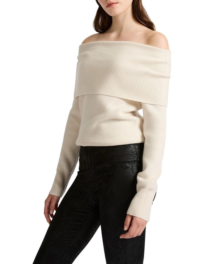 Nikki Off The Shoulder Knit Jumper in Ecru