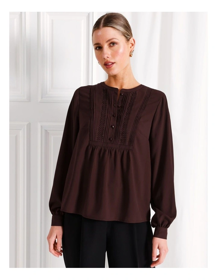 Crepe Pintuck Button Down Blouse in Wine