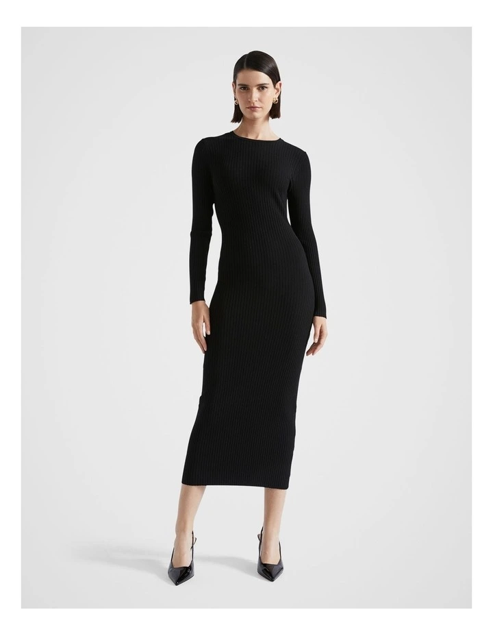 Rib Knit Crew Neck Dress in Black