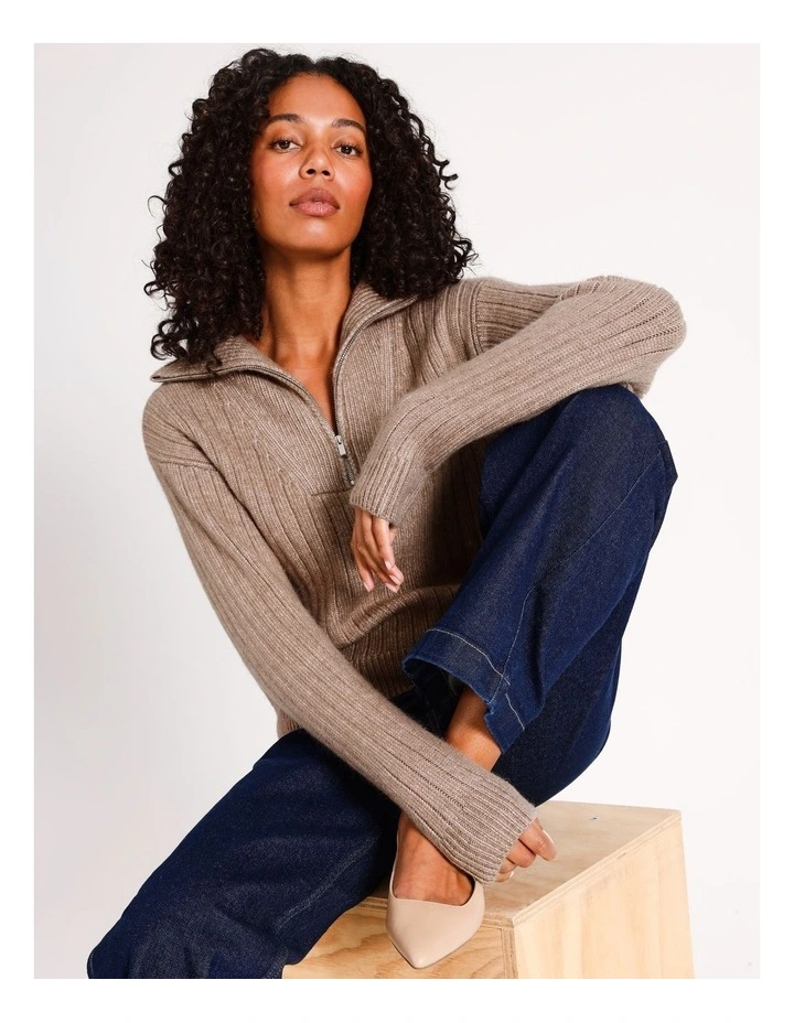 Recycled Blend Zip Neck Rib Jumper in Taupe