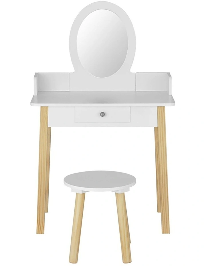 Kids Dressing Table Chair Set Wooden Leg Vanity Makeup Drawer Mirror