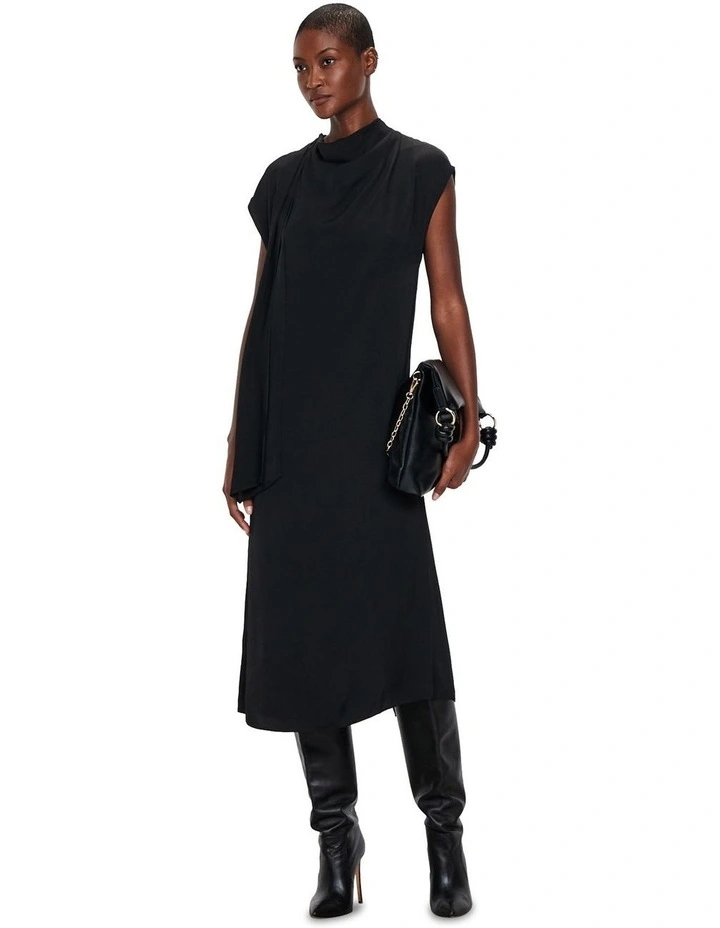 European Twill Scarf Neck Dress in Black