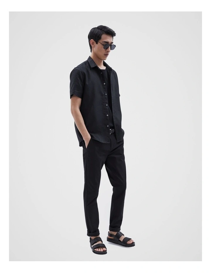 Linen Short Sleeves Regular Fit Shirt in Black