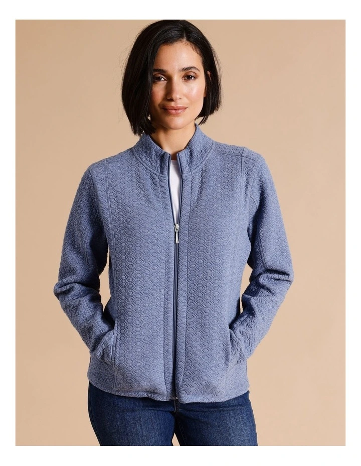 Recycled Polyester Blend Zip Thru Circle Jacquard Sweat Top In Blue Marle