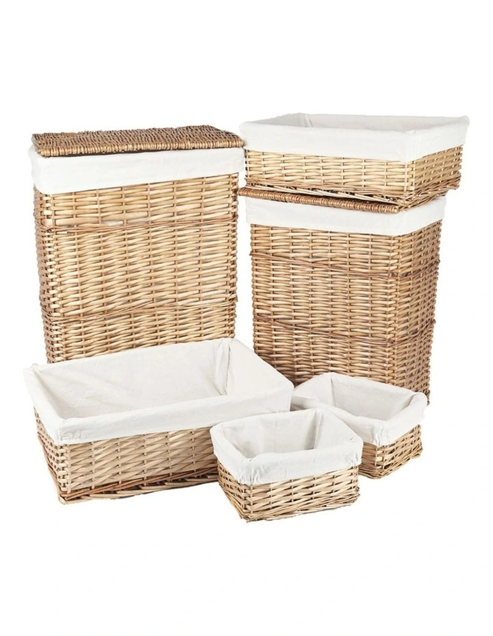 6 Piece Wicker Storage Baskets with Liner Set in Natural