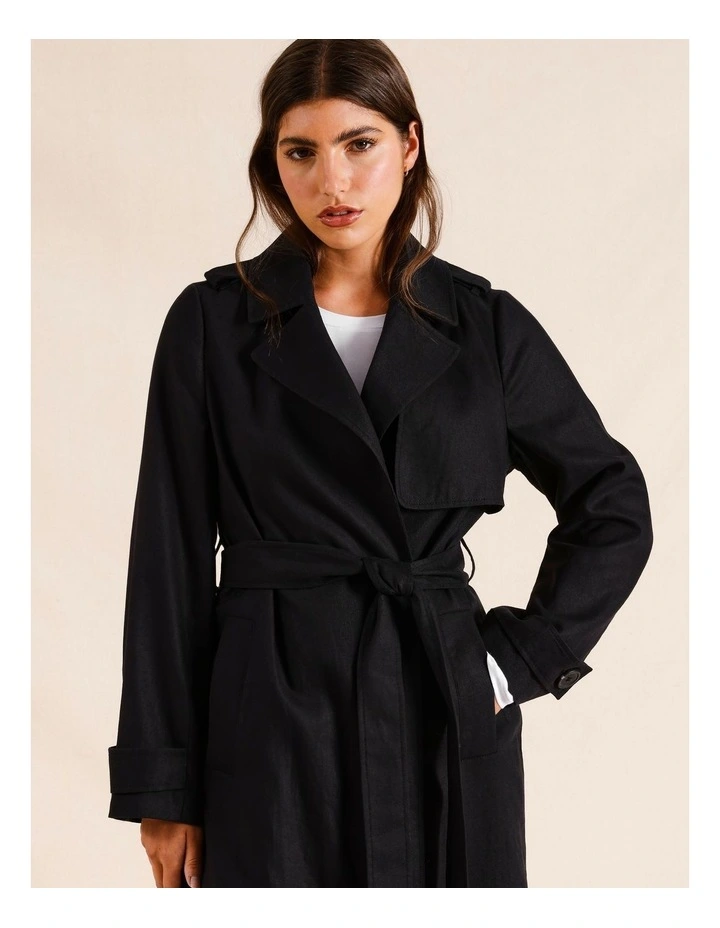 Longline Linen Trench in Black
