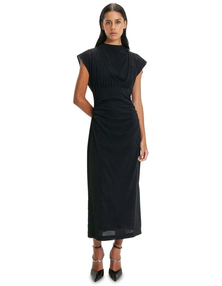 Draped Neck Ruched Waist Dress in Black