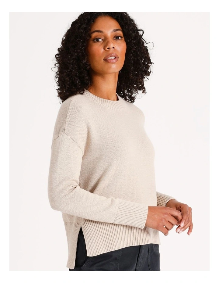 Organic Relaxed Step Hem Crew Neck Jumper in Taupe