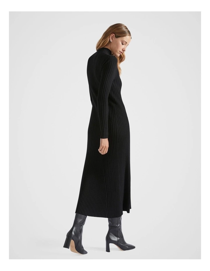 Rib Knit High Neck Dress in Black