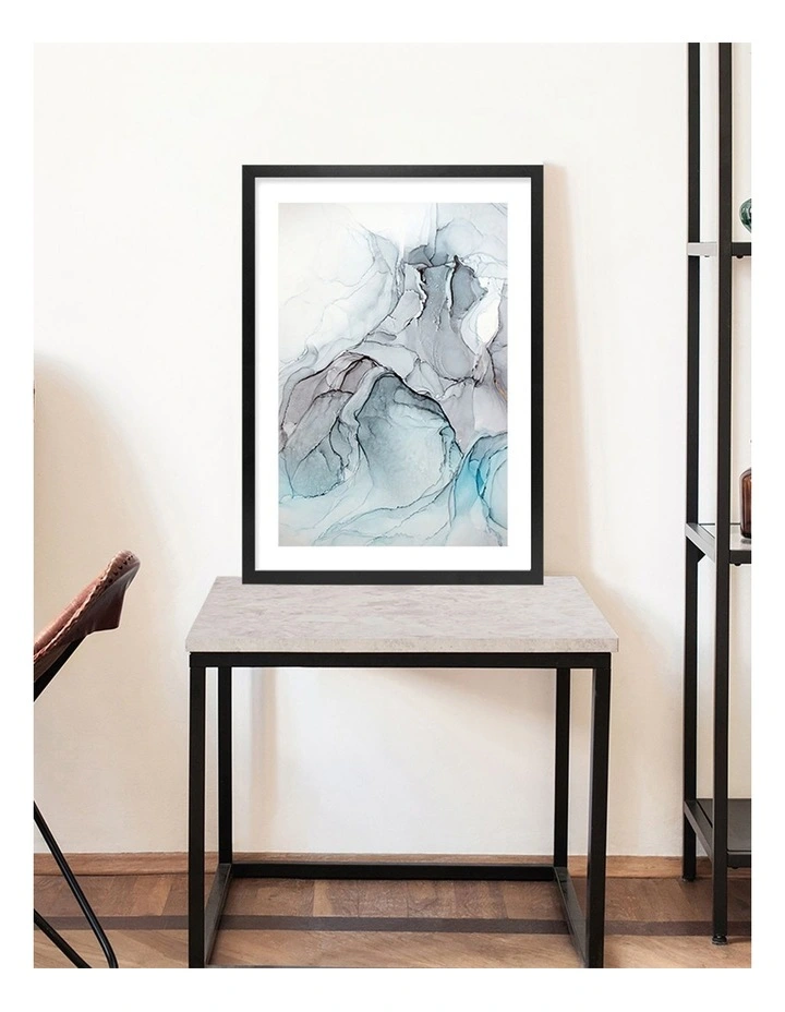 Australian Made Blue & Black Abstract Ink 1 Art Print A2 in Black Frame
