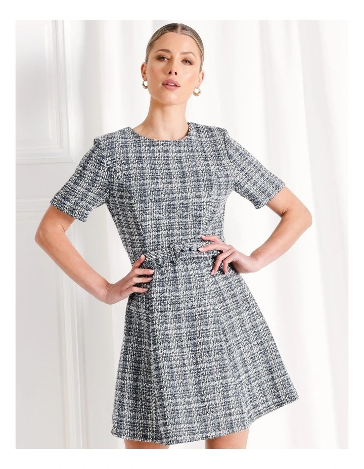Boucle Belted Fit And Flare Mini Dress in Blue