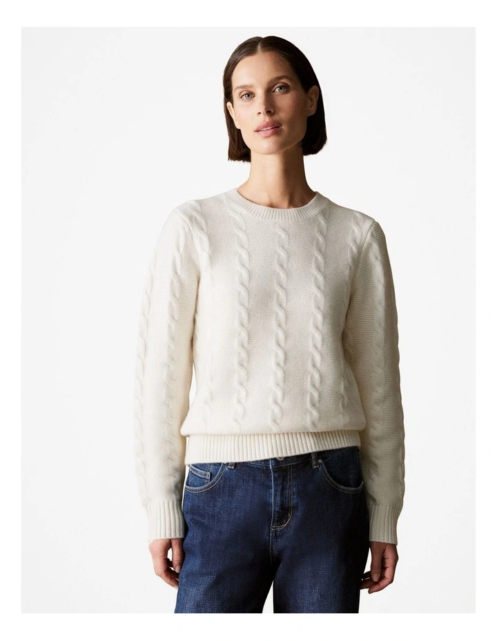Wool Cable Knit Crew in Parchment