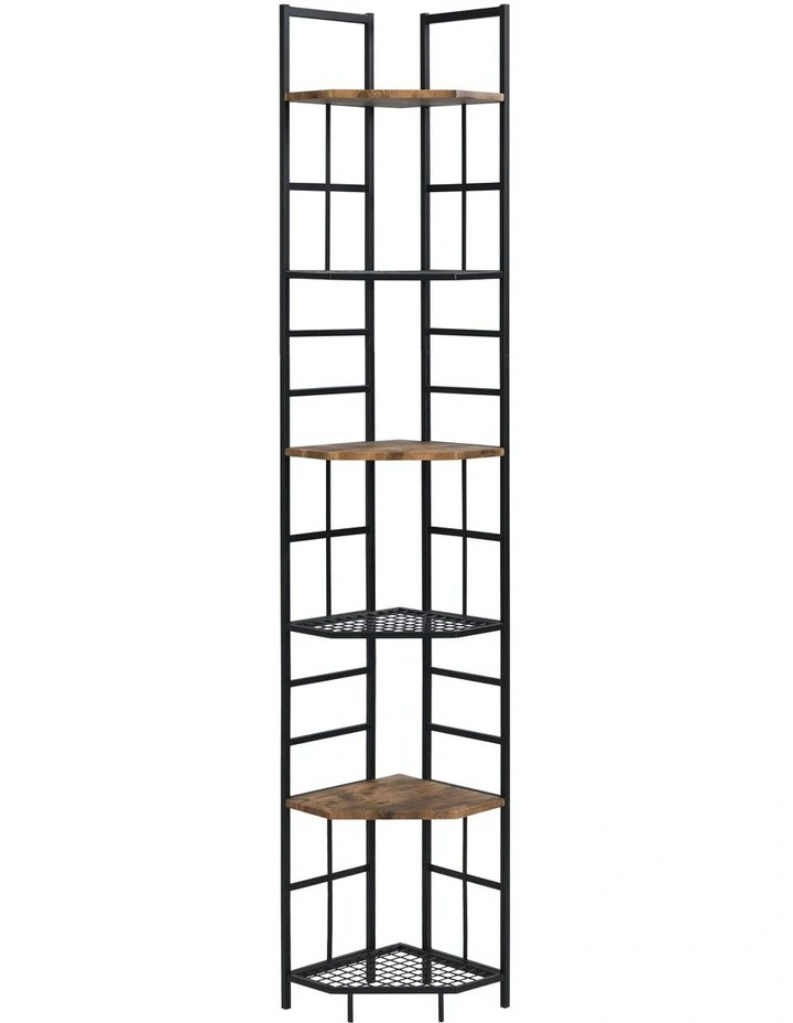 Industrial 6-Tier Pentagon Corner Bookshelf in Dark Brown