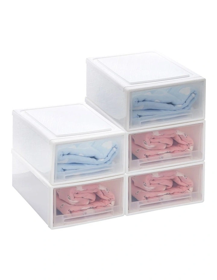 Plastic Storage Drawers Containers Box Wardrobe Clothes Organiser 5 Pack in White