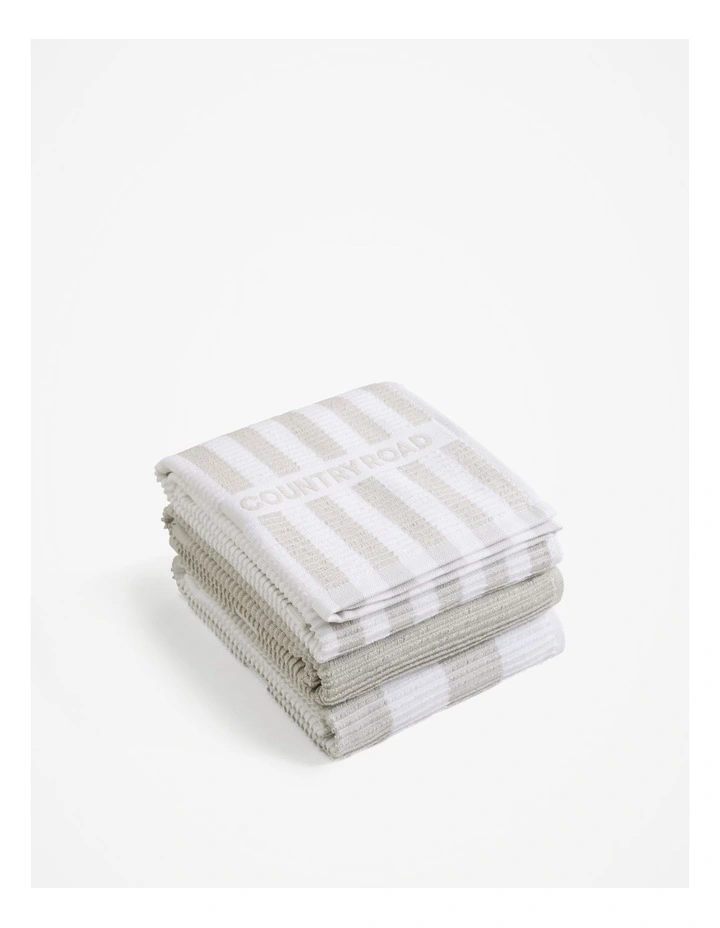 Stripe Australian Cotton Tea Towel Pack Of 3 in Pale Grey
