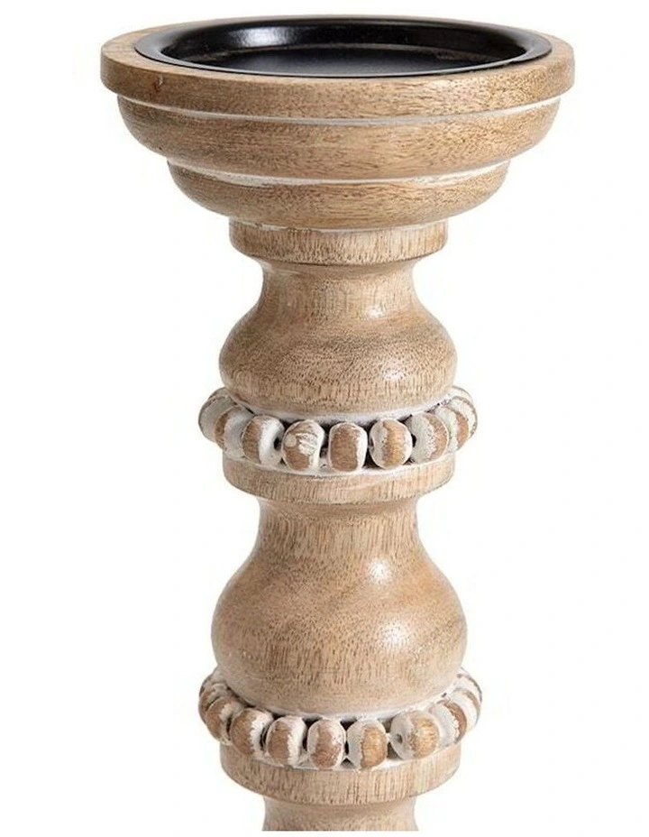 Handmade Wooden Beaded Pillar Candle Holder 30cm in Brown