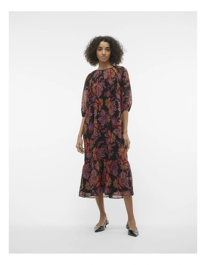 Kara Floral Midi Dress in Black