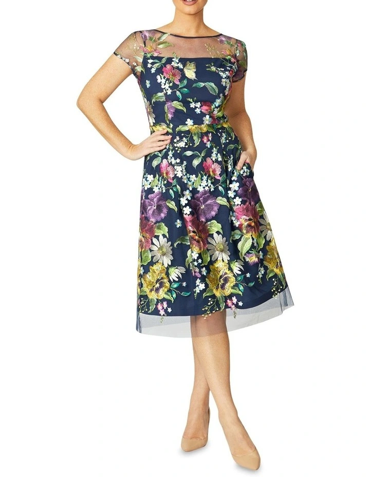 Hannah Floral A-Line Dress in Navy