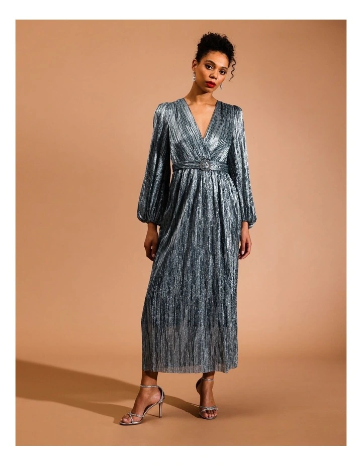 Metallic Plisse Belted Maxi Dress in Blue/Silver