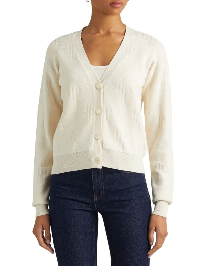Monogram Jacquard Cotton-Blend Cardigan in Beige