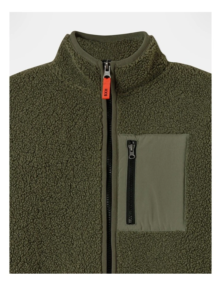 Sherpa Fleece Zip Thru Sweat in Khaki