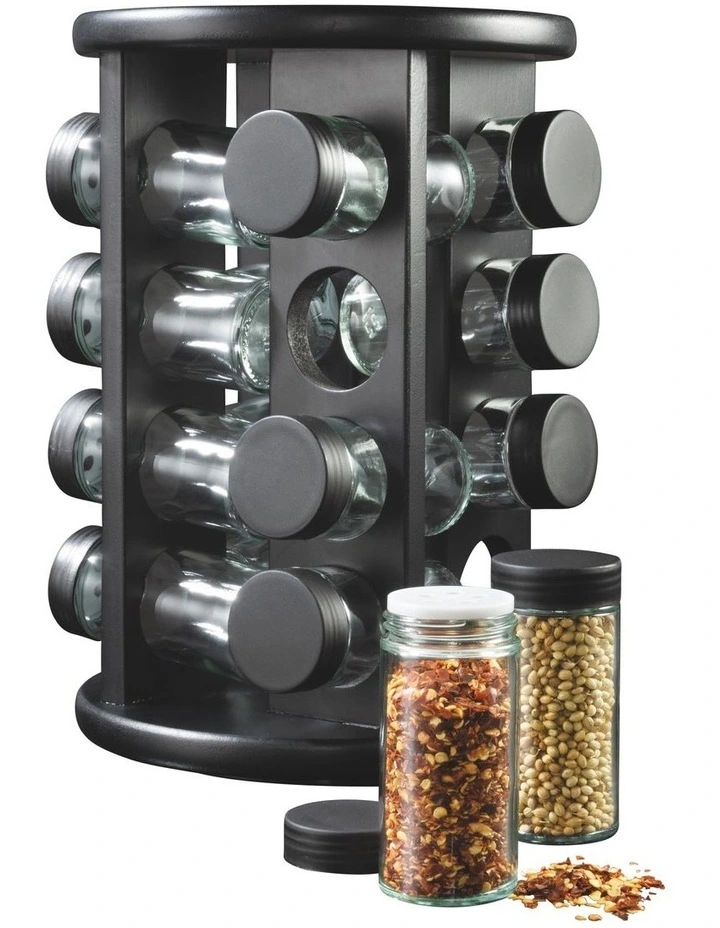 16 Piece Spice Jar Set with Rotating Carousel Rack in Black