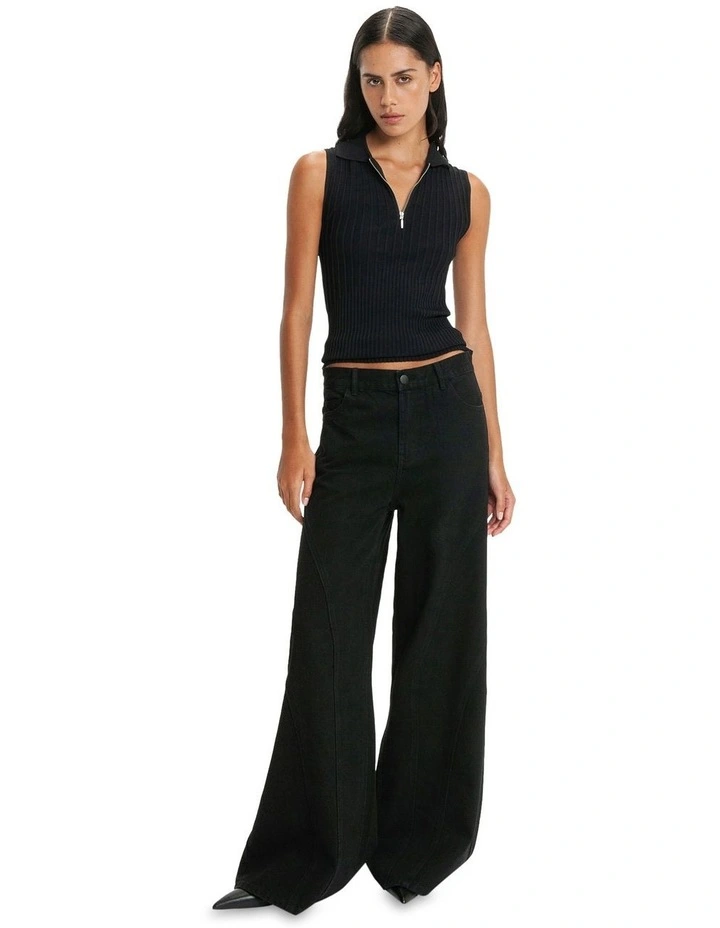 Multi Rib Sleeveless Polo Knit in Black