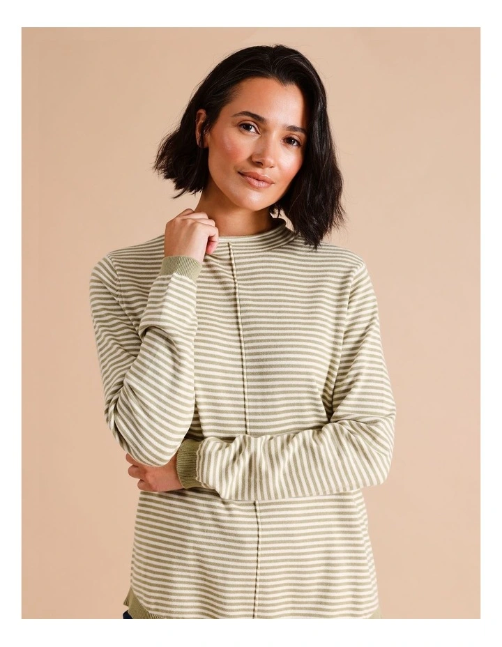 Organic Cotton Blend Funnel Neck Jumper With CF Seam in Sage/ Ivory Stripe