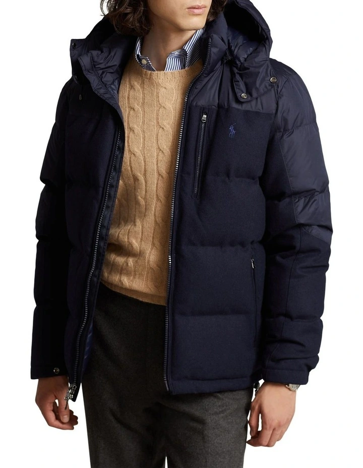 Hybrid Down Hooded Jacket in Navy