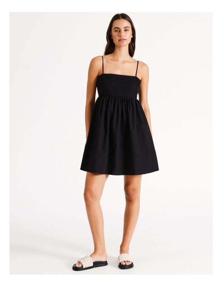 Pintuck Babydoll Mini Dress in Black