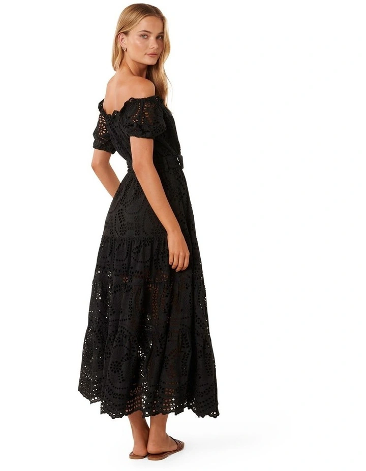 Carol Broderie Bardot Midi Dress in Black