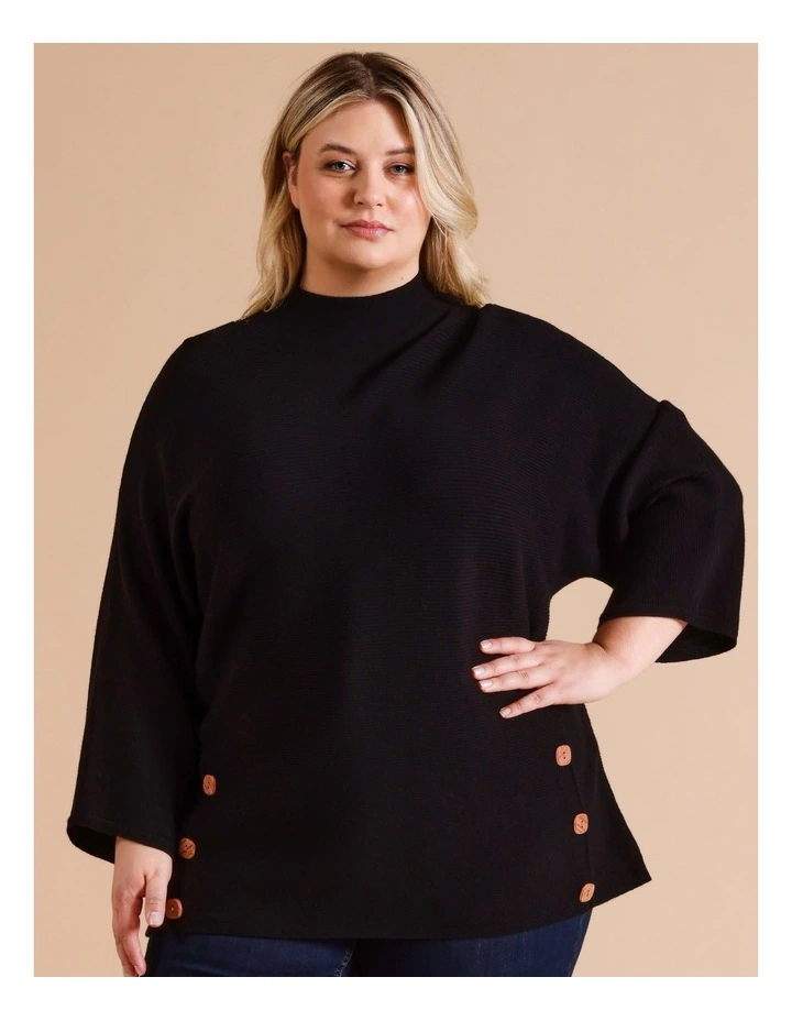 Sustainable Viscose Blend Button Side Magyar Sleeve Jumper In Black