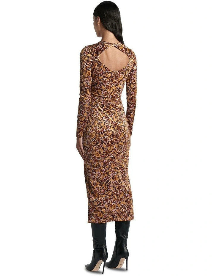 Paisley Velvet Column Midi Dress in Yellow