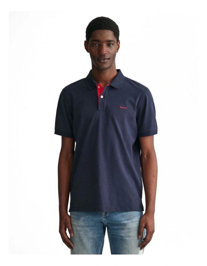 Contrast Collar Pique Short Sleeve Polo Shirt in Evening Blue