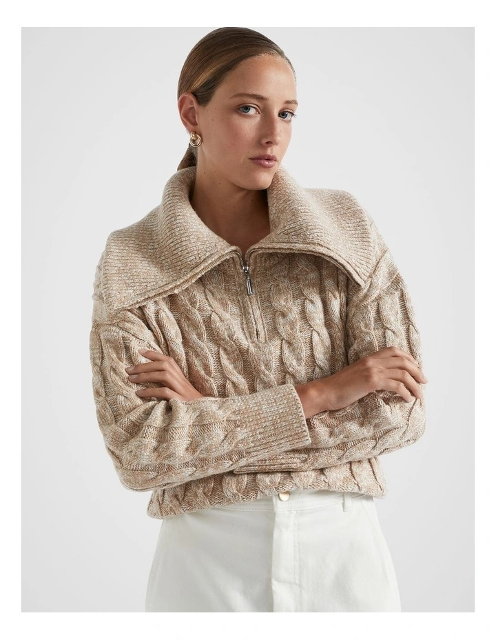 Cotton Blend Twist Cable Knit in Champagne Beige Marle