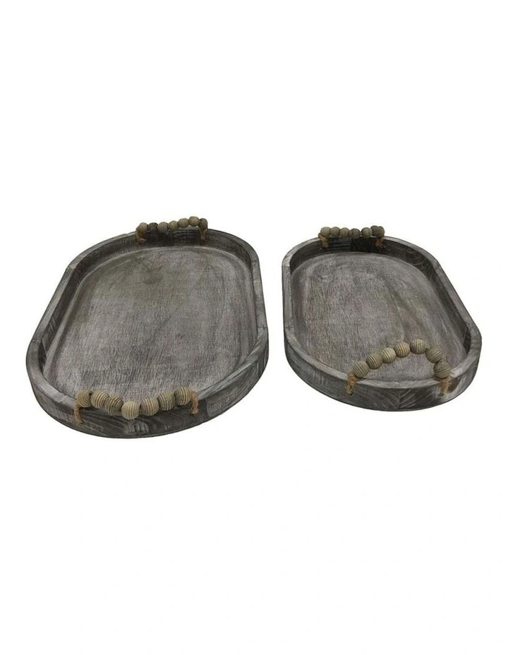 Wooden Oval Trays with Beaded Handles Set in Natural