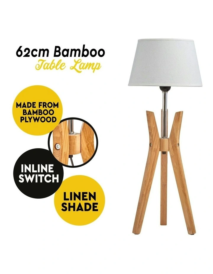 Bamboo Tripod Table Lamp Desk Modern Rustic Geo Light w Linen Shade