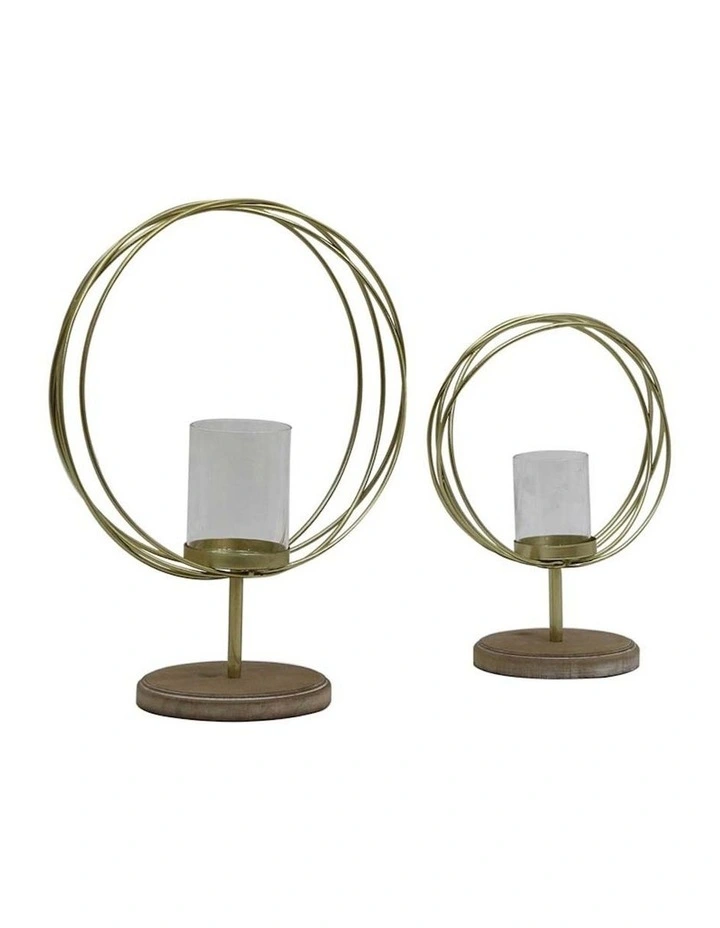 Candle Holders on Timber Base Set of 2 in Gold/Natural
