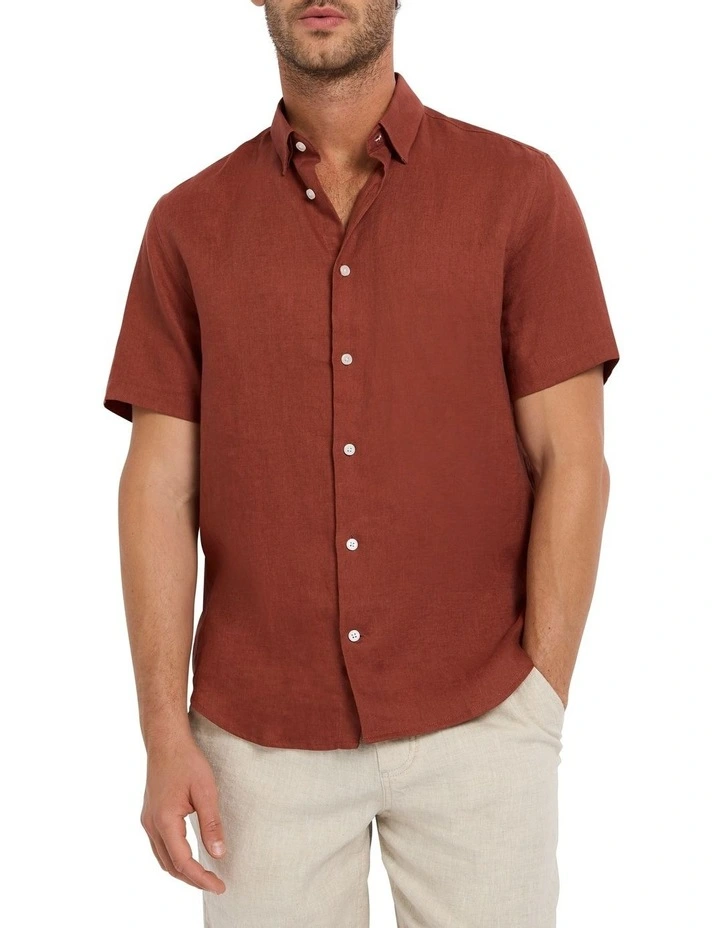 Felix Short Sleeve Linen Shirt in Terracotta