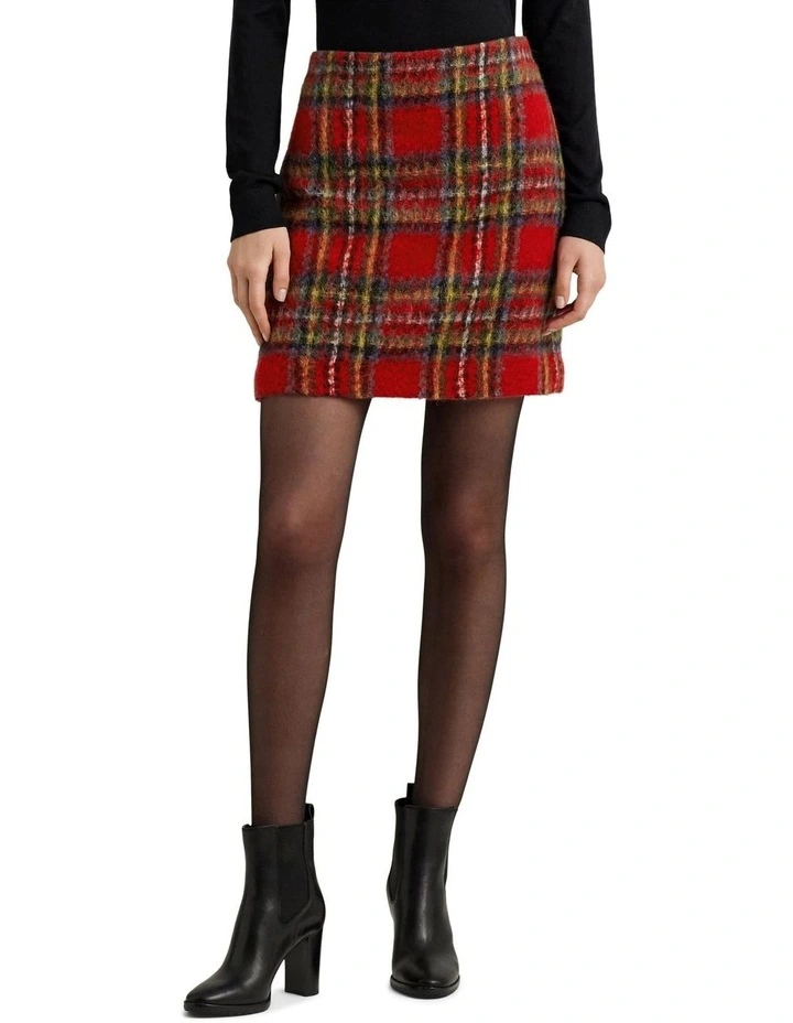 Plaid Mohair Pencil Miniskirt in Red