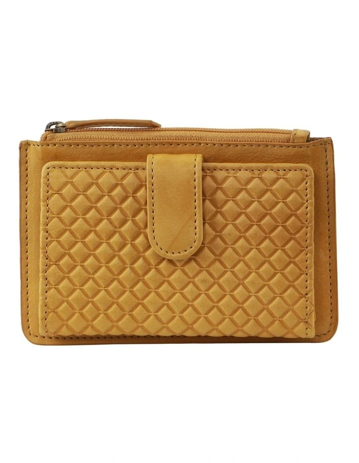 Diamond Pattern Emboss Leather Zip Wallet in Mustard